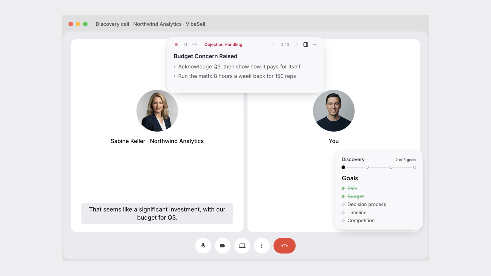 A VibeSell guidance card and stage goals beside a video call